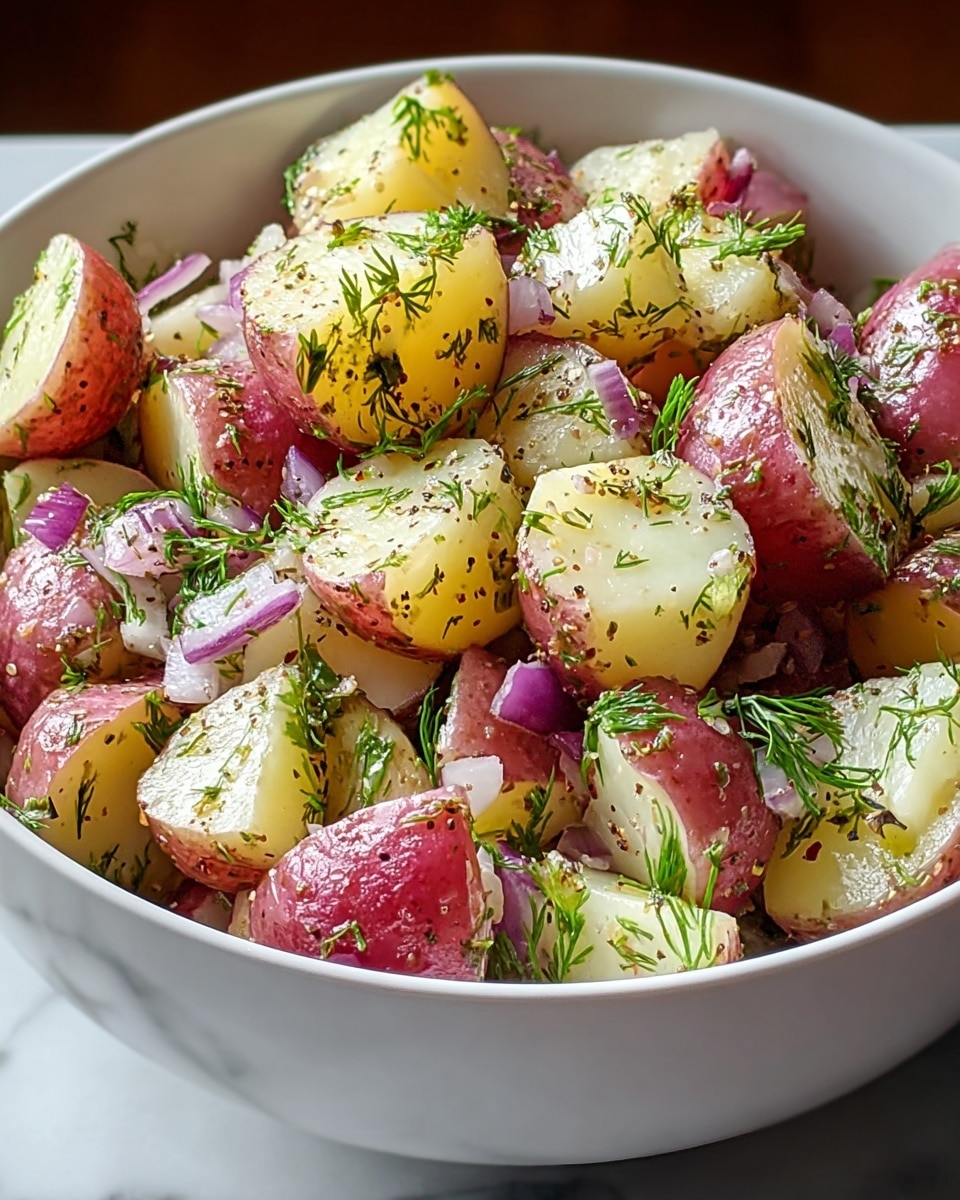 A white bowl filled with a potato salad showing three main layers: the base layer is made up of chunks of cooked red-skinned potatoes with light yellow flesh, the middle layer consists of small pieces of purple-red onion scattered throughout, and the top layer is decorated with fresh green dill herb pieces sprinkled evenly, all lightly seasoned with black pepper and some mild herbs visible on the potato surfaces. The bowl is placed on a surface with a white marbled texture, and the lighting highlights the glistening slightly moist texture of the potato pieces. Photo taken with an iphone --ar 4:5 --v 7