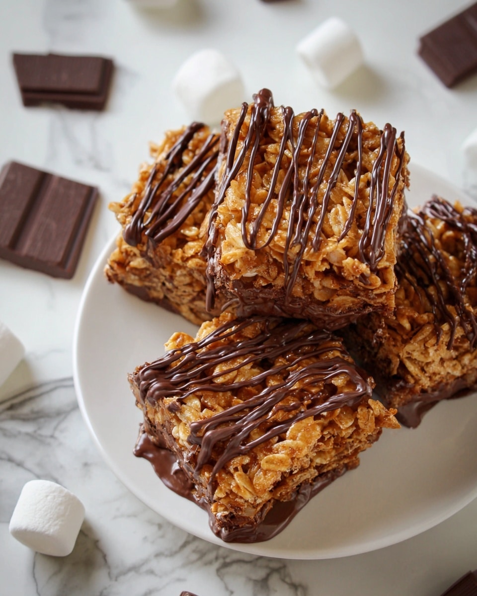 The image shows three square oat and cereal bars with a golden-brown toasted texture, each topped with thin, dark brown drizzles of chocolate in diagonal lines. The bars have visible oats and cereal pieces that give a rough and crunchy look. Each piece sits on a white plate with a layer of thick melted chocolate underneath. Around the dish, small white marshmallows and dark chocolate chunks are scattered on a white marbled surface, adding to the sweet and cozy feel. photo taken with an iphone --ar 4:5 --v 7