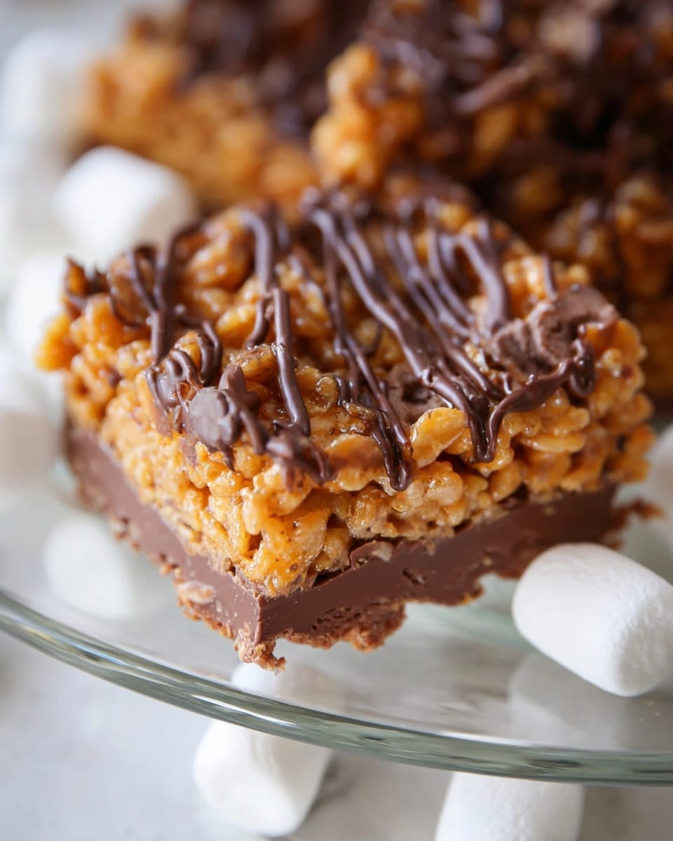 The image shows a close-up of a square-shaped dessert bar with three visible layers. The bottom layer is a thick, smooth chocolate base colored dark brown. Above this is a middle layer made of an orange-brown crunchy mixture, likely including cereal pieces and sticky caramel or syrup, giving it a rough texture. The top layer features a drizzle of melted chocolate, applied in irregular thin lines across the entire bar, adding a glossy and rich detail. The dessert is placed on a clear glass plate, set on a white marbled surface with some blurred marshmallows in the background. Photo taken with an iphone --ar 4:5 --v 7
