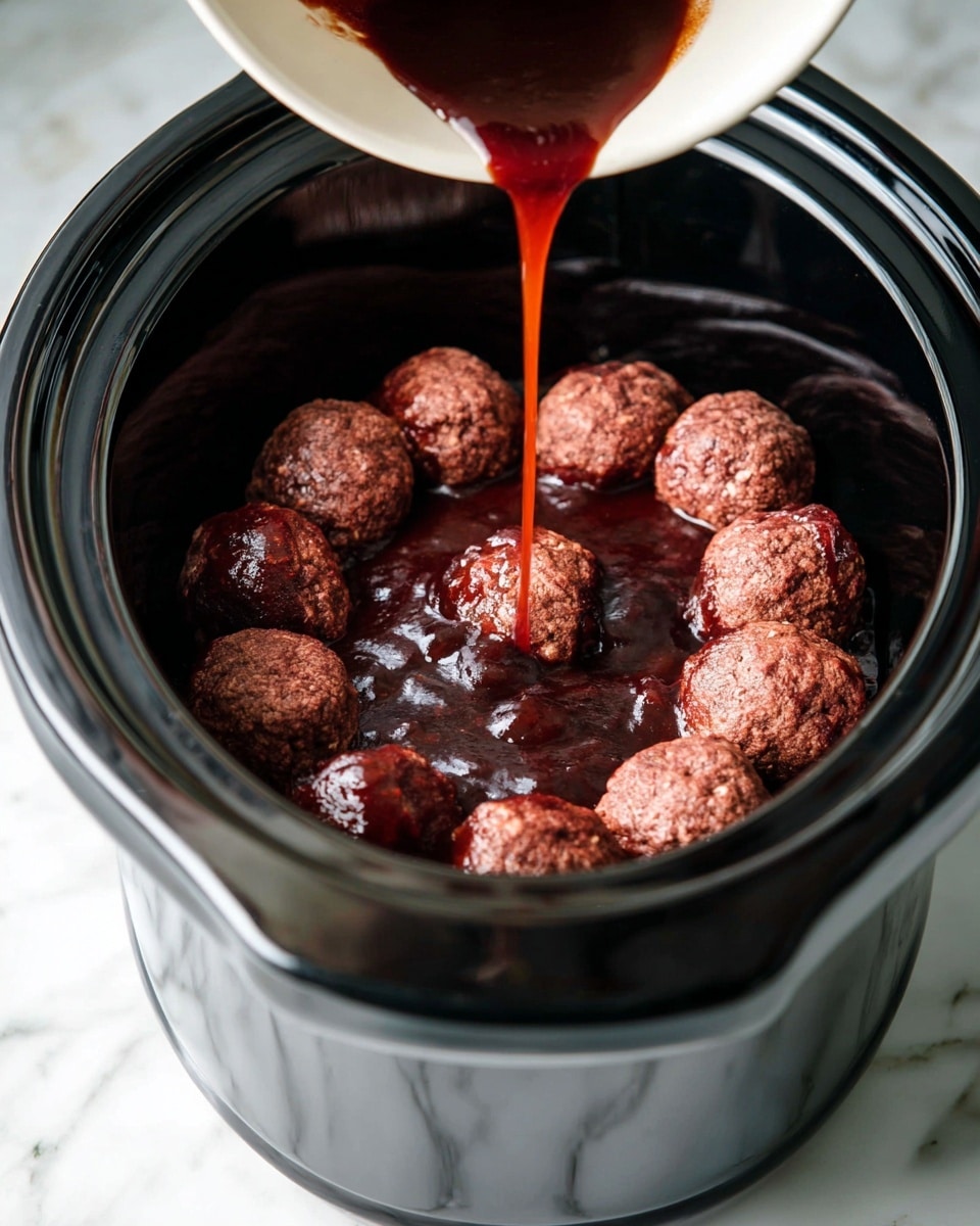 A black slow cooker is filled with two layers: the bottom layer shows a thick, dark reddish-brown sauce covering the inner base, and the top layer consists of ten raw meatballs arranged in a circle with a light brown, slightly uneven texture. A white bowl is held above, pouring more glossy, dark reddish sauce over the meatballs, creating a shiny, dripping effect. The slow cooker sits on a white marbled surface. photo taken with an iphone --ar 4:5 --v 7
