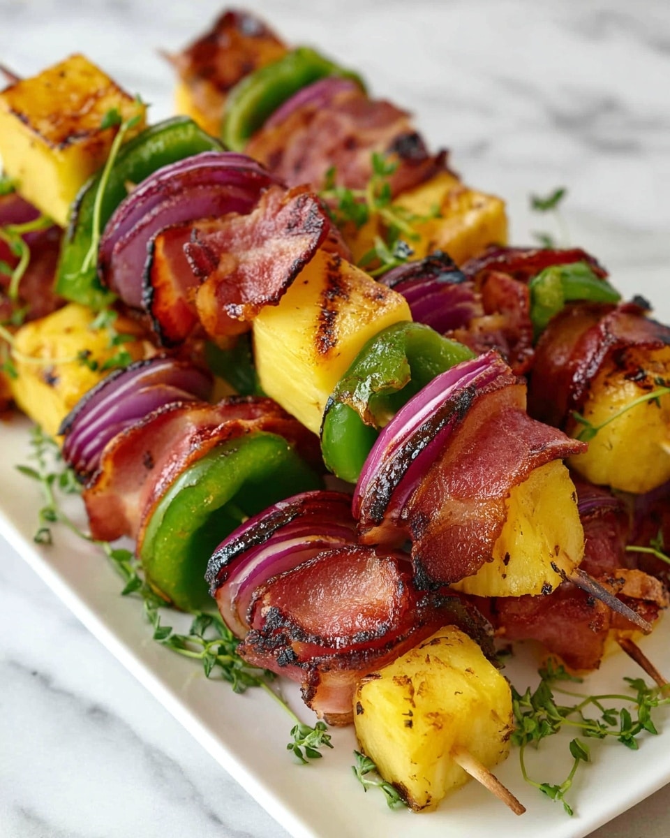 The image shows several grilled skewers placed on a white rectangular plate on a white marbled surface. Each skewer has four layers from bottom to top: a round purple-red grilled onion slice with grill marks, a chunk of yellow grilled pineapple with light char marks, a thick piece of green bell pepper, and a folded, crispy, grilled bacon strip with a reddish-brown color. Small green herb sprigs are scattered over the skewers and plate for garnish. The plate is filled with multiple skewers arranged closely together in a slightly angled view. photo taken with an iphone --ar 4:5 --v 7