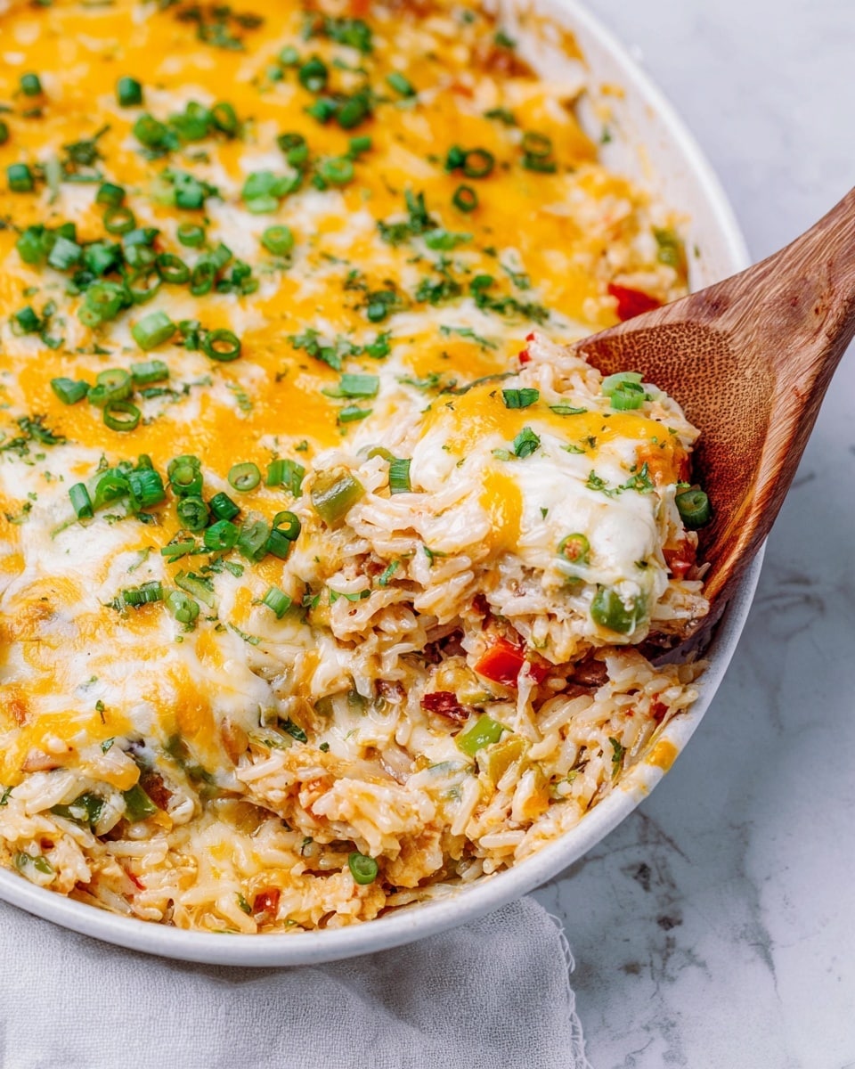 A close-up view of a cheesy rice dish in a white bowl on a white marbled texture, showing three main layers: the bottom layer is cooked rice mixed with small pieces of green and red vegetables, the middle layer consists of melted white and yellow cheese spread unevenly creating a gooey texture, and the top layer is sprinkled with chopped green onions and small bits of green herbs. A wooden spoon is lifting part of the dish from the left side, revealing the layered texture and mix of ingredients inside. The image has bright, warm colors and a slightly rustic feel. photo taken with an iphone --ar 4:5 --v 7