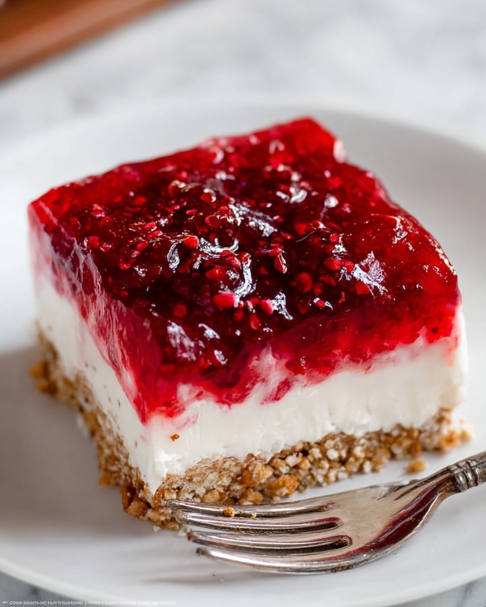 A close-up of a three-layer dessert square on a white plate with a silver fork beside it, placed on a white marbled surface. The bottom layer is a crumbly light brown crust made of small crunchy pieces; above it is a thick, smooth white creamy middle layer; the top layer is a glossy bright red fruit jelly with visible berry seeds and chunks, giving a textured shiny look. Photo taken with an iphone --ar 4:5 --v 7
