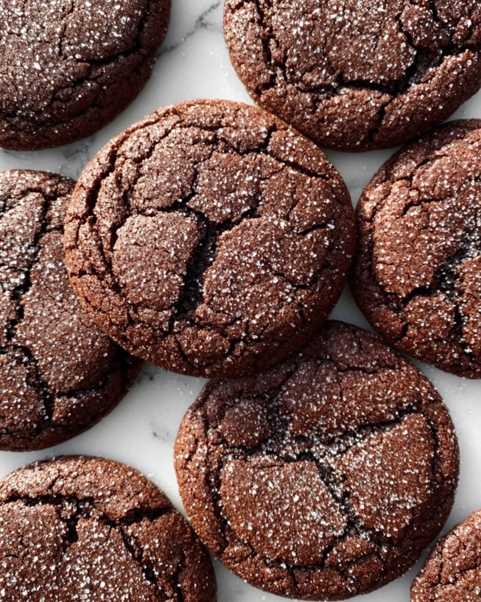 The image shows several round chocolate cookies with a cracked surface, each sprinkled lightly with sugar. The cookies have a rich dark brown color and appear soft yet slightly crispy on the edges. They are placed closely together on a white marbled surface, giving a cozy and inviting look. Photo taken with an iphone --ar 4:5 --v 7