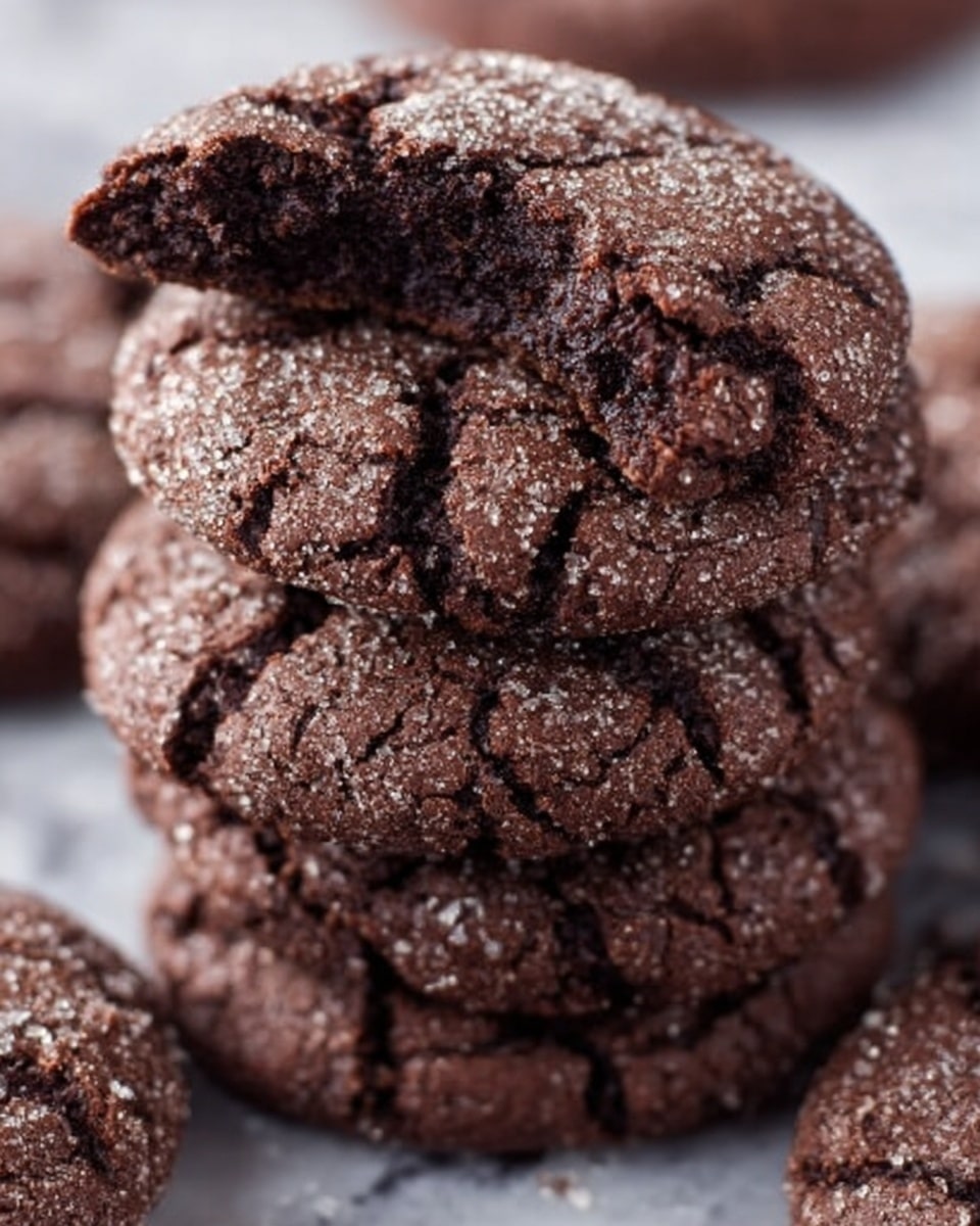 A close-up image of several dark brown chocolate cookies stacked together on a white marbled surface, each cookie showing a rough cracked texture with a light dusting of sugar on top, with one cookie positioned on top having a clear bite taken out of it, revealing a soft interior; photo taken with an iphone --ar 4:5 --v 7
