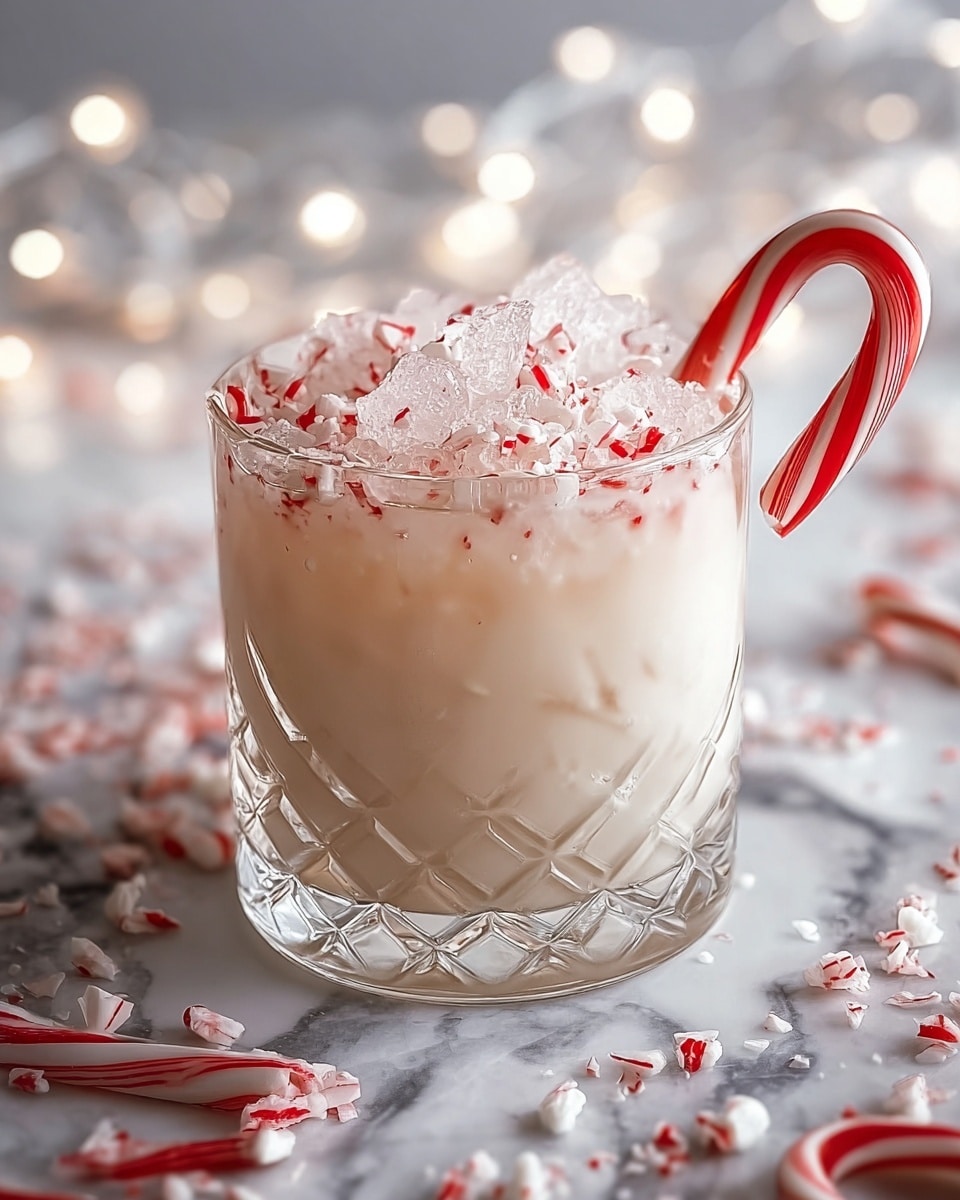 A clear, textured glass filled with a creamy white drink layered over translucent ice cubes, topped with a layer of crushed white and red peppermint candy. A red and white striped candy cane leans on the rim of the glass from the right side. The glass sits on a white marbled surface scattered with whole and crushed peppermint candies, with soft white lights glowing blurred in the background. Photo taken with an iphone --ar 4:5 --v 7