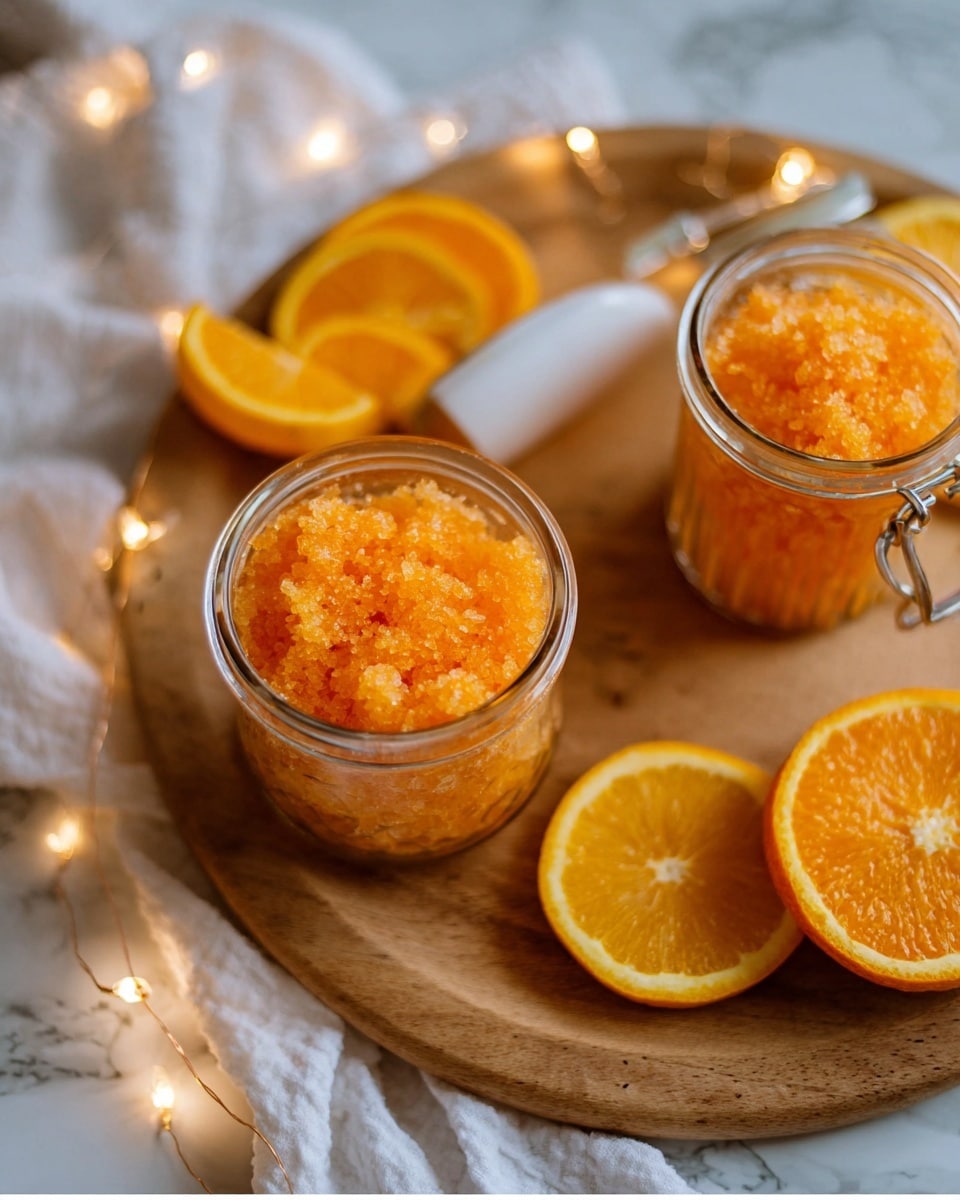 The image shows two glass jars filled with a bright orange, grainy textured mixture that looks like a scrub or sugar mix. One jar is closed with a white lid open and resting on the side, while the other is open, slightly wrapped with an orange peel. Around the jars are orange slices with their bright skin and juicy flesh visible, all placed on a round wooden board. The board rests on a white marbled surface with a white cloth partially visible on the side, and tiny warm fairy lights add a soft, cozy glow in the background. Photo taken with an iphone --ar 4:5 --v 7