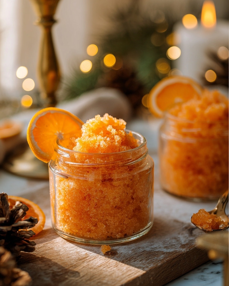 A clear glass jar filled with two layers of orange granita sits on a wooden surface. The bottom layer has a smooth, slightly dense texture, while the top layer is fluffy and crumbly, heaped above the jar’s rim. A bright orange slice leans against the granita inside the jar, adding a fresh detail. Another similar jar with the same textured orange granita is partially visible on the right side. The background is softly lit, with warm lights and blurred natural elements like pine cones and a brass candle holder. The whole scene is set against a white marbled texture. photo taken with an iphone --ar 4:5 --v 7