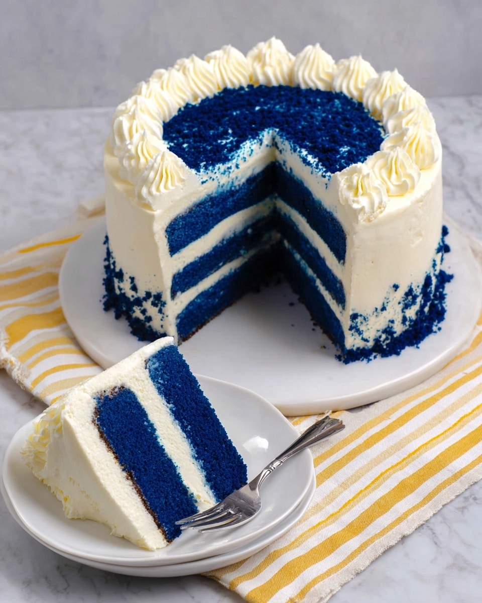 A round three-layer cake with deep blue sponge separated by thick creamy white frosting layers, topped with a ring of white frosting swirls around the edge and a dense circle of blue crumbs in the center; the sides are smooth white frosting with a band of blue crumbs along the base. A slice of the cake shows the clear blue and white layers, placed on a white plate next to a silver fork, all set on a white marbled surface with a striped yellow, white and gray cloth nearby. Photo taken with an iphone --ar 4:5 --v 7