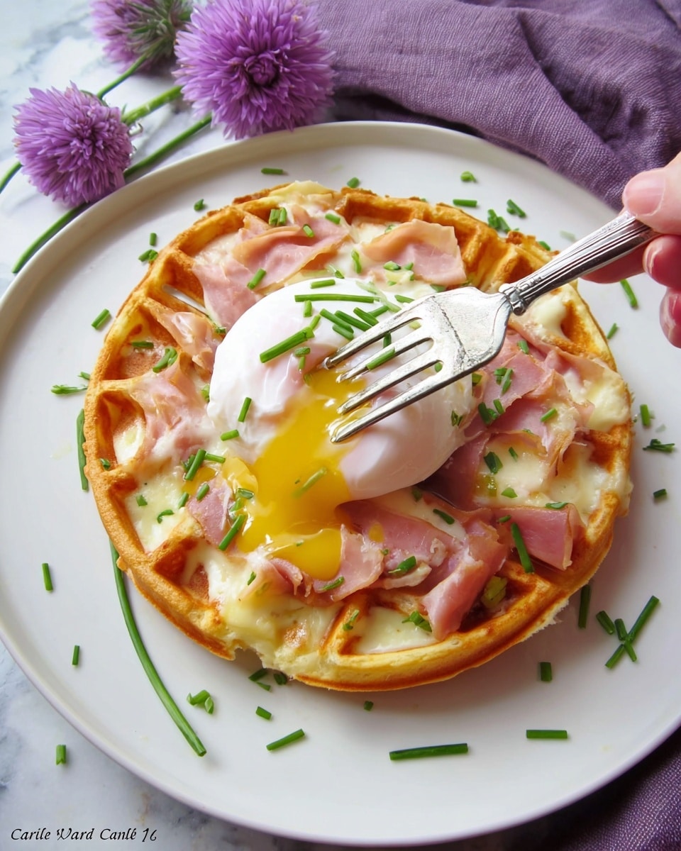 A round waffle with a golden brown, slightly crispy outer layer forms the base of this dish, topped with melted white cheese that has a creamy texture, and pink ham slices scattered evenly over it. A poached egg with a smooth white surface sits in the center, with the yolk broken partially by a woman's hand holding a fork, releasing a rich golden-yellow flow over the cheese and ham. Small green chive pieces are sprinkled on top and around the waffle, adding a fresh color contrast. The dish is presented on a clean white plate with a soft purple flower and a purple cloth tucked at the back, all set on a white marbled texture surface. photo taken with an iphone --ar 4:5 --v 7