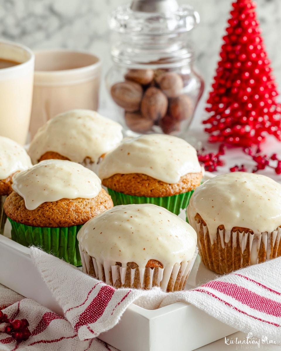 The image shows five cupcakes with thick, creamy white frosting that has a smooth texture and is slightly dripping over the edges. The cupcake bases have a golden brown color with a slightly crumbly texture, and two of the cupcakes are in green liners while the others are without liners or have beige liners pulled down. They are placed on a white tray lined with a white cloth that has red stripes. Behind the cupcakes, there is a clear glass spice grinder with whole nutmegs inside, a cup of light cream-colored drink, and a decorative red berry cone, all set against a soft focus white marbled texture. photo taken with an iphone --ar 4:5 --v 7