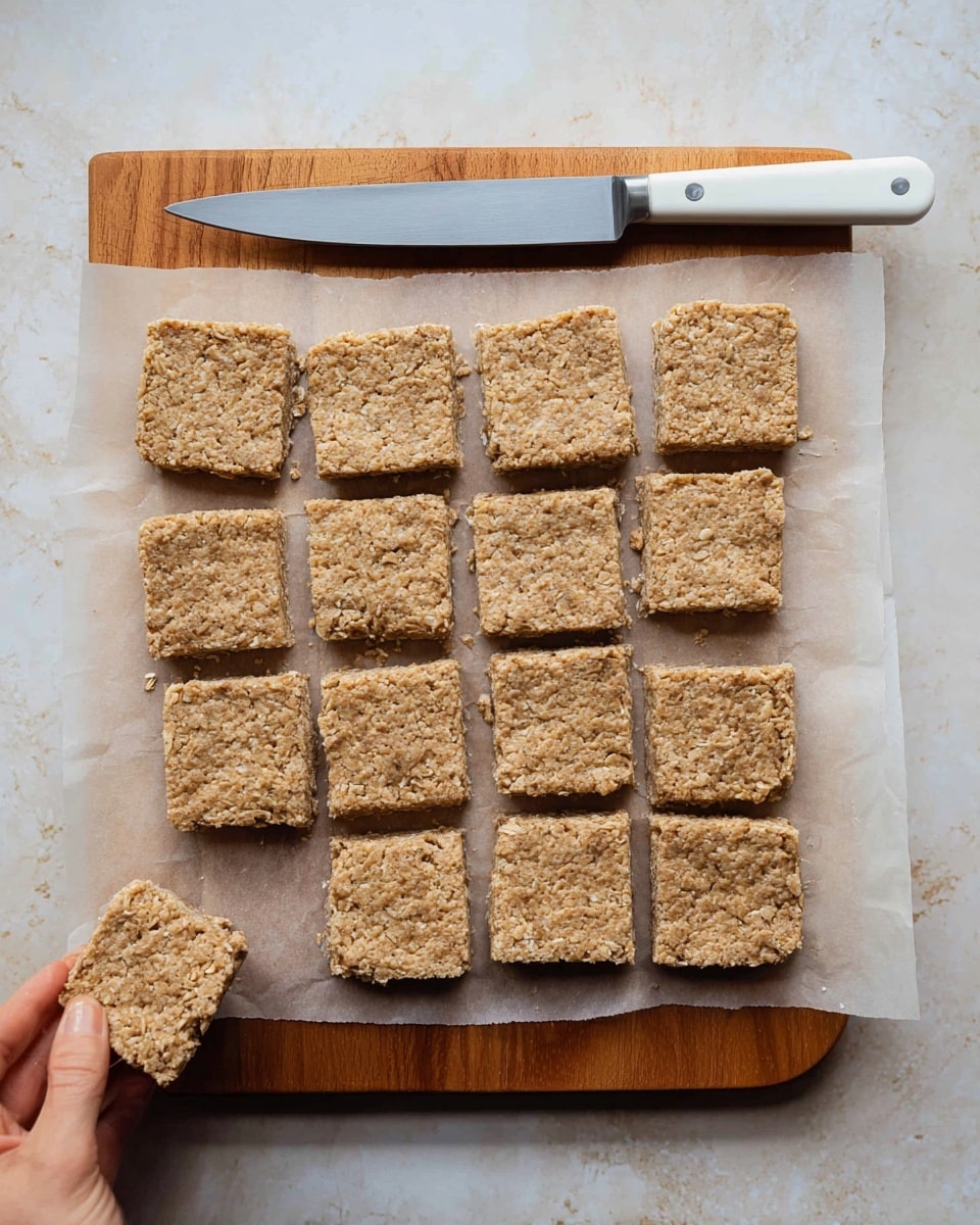 A wooden cutting board with a white marbled texture background holds a sheet of baking paper covered with sixteen square oat bars arranged in a grid. The oat bars are light brown with a rough, grainy texture and slightly uneven edges. A large silver knife with a white handle rests horizontally at the top of the board. At the bottom left corner, a woman's hand is holding one of the oat bars. photo taken with an iphone --ar 4:5 --v 7