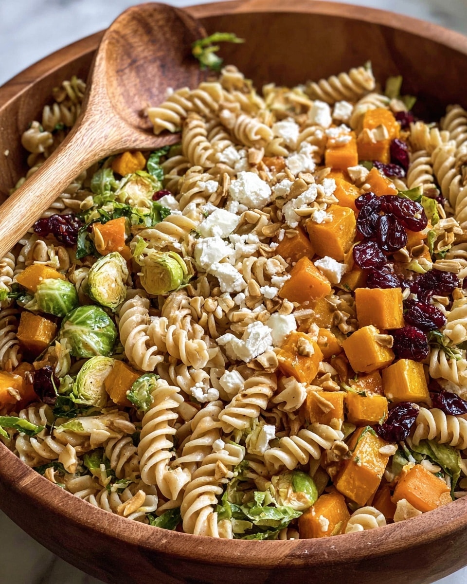 A close-up of a large wooden bowl filled with a colorful rotini pasta salad, showing three main layers: the bottom layer has light brown twisted pasta pieces mixed with green Brussels sprout leaves; the middle layer contains orange and light brown cubed roasted vegetables; the top layer is dotted with white crumbled cheese and small dark red dried cranberries, with a wooden spoon partially visible on the left side. The bowl sits on a white marbled surface. Photo taken with an iphone --ar 4:5 --v 7