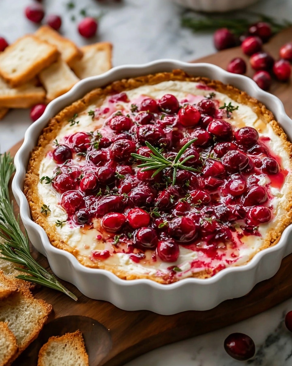 The image shows a tart in a white fluted pie dish with three main layers visible: a golden brown crispy crust at the bottom, a creamy white cheese layer in the middle, and a topping of whole red cranberries coated partially in a glossy red sauce. The cranberries and sauce are scattered unevenly across the surface, creating a mix of shiny red and creamy white patches. In the center, there is a small green rosemary sprig and a few tiny green herb leaves, adding contrast. The dish is set on a wooden board resting on a white marbled surface, surrounded by loose cranberries, fresh rosemary sprigs, and pieces of toasted bread. Photo taken with an iphone --ar 4:5 --v 7