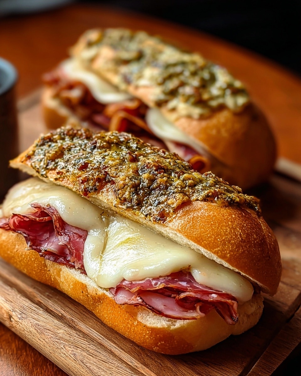 Two toasted sandwich rolls lie on a wooden board, each generously layered. The base is a soft light golden bread roll, sliced open. Inside, there are slices of pinkish-red cured meat with a slight gloss, topped with a thick layer of melted creamy white cheese that oozes slightly over the meat. The top roll, golden brown and shiny, is covered with a chunky green and yellow garlic herb spread, adding texture and color contrast. The whole scene is warm and inviting, photo taken with an iphone --ar 4:5 --v 7