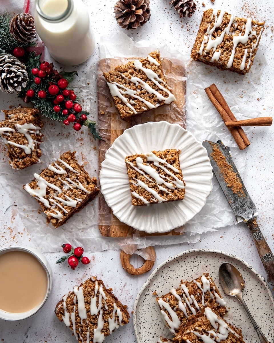 The image shows seven square oatmeal bars with a dark toasted oat top layer, each drizzled with white icing in uneven stripes. They sit scattered on a white marbled textured surface with a sheet of crinkled parchment paper underneath. One bar is on a small white ruffled plate in the center, surrounded by other bars directly on the surface or on a white speckled plate on the right side. A vintage knife with a metallic handle lies next to the bars, stained with crumbs. A small white cup filled with a light beige creamy drink and a spoon is on the left bottom corner. In the top center is a small glass bottle filled with white milk. There are decorative pine cones, cinnamon sticks, and red berries around the setup, adding a festive feel. Photo taken with an iphone --ar 4:5 --v 7