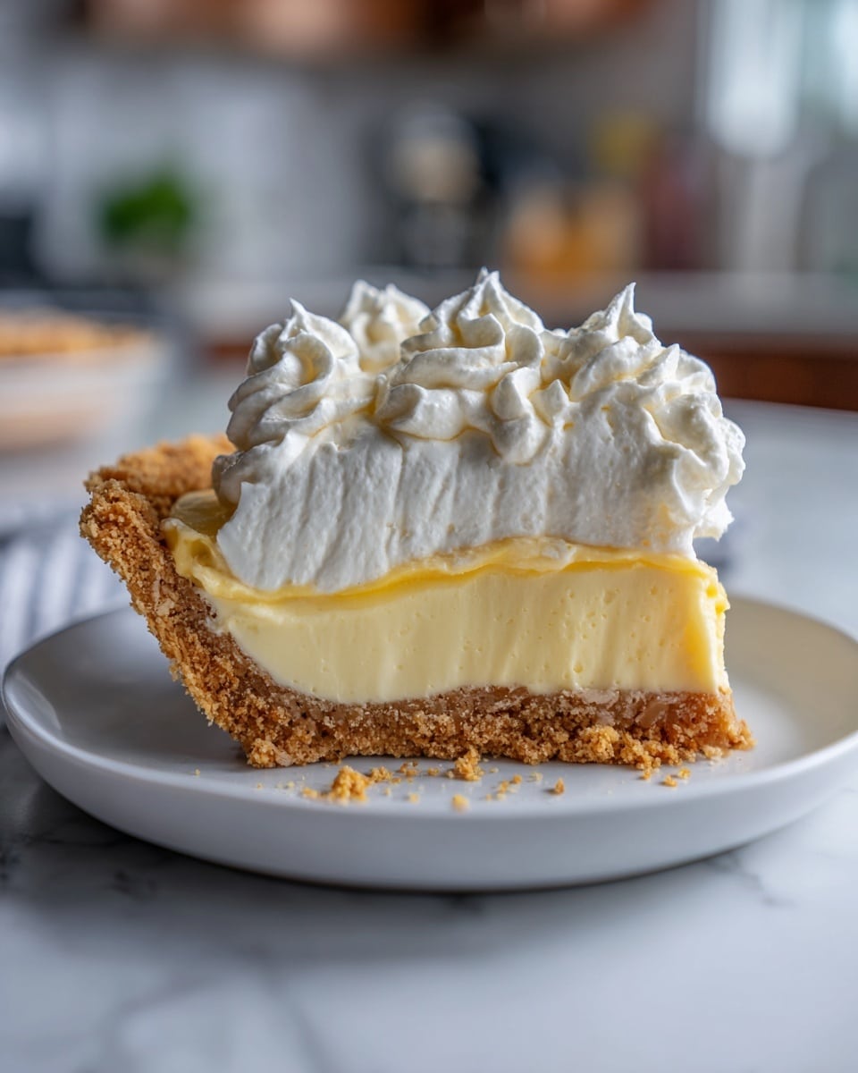 A slice of pie with three layers sits on a white plate; the bottom layer is a crumbly light brown crust, the middle layer is a pale yellow smooth filling, and the top layer is thick white whipped cream with large soft peaks piped all over. The plate is placed on a white marbled surface, with a blurred kitchen background behind it. photo taken with an iphone --ar 4:5 --v 7