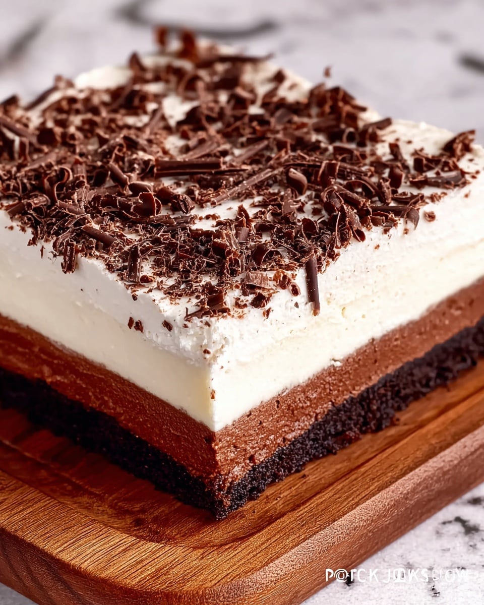 The image shows a square dessert with four visible layers on a wooden board. The bottom layer is dark brown, firm, and crumbly like a chocolate crust. Above it is a thick, creamy white layer that looks smooth and soft. The third layer is a thinner, rich dark brown layer with a more solid, glossy texture. The top layer is a thick, fluffy white cream covered with many small, curled dark brown chocolate shavings spread evenly. The background is a white marbled texture. photo taken with an iphone --ar 4:5 --v 7
