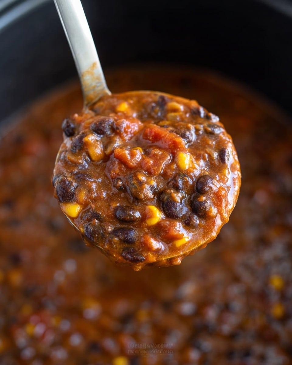 The image shows two white bowls filled with a thick, dark brown chili that contains visible black beans and small pieces of corn, giving the chili a chunky texture. Each bowl has a layer of broken golden-yellow tortilla chips placed on top, adding a crisp texture contrast. Both bowls sit on a bright red background that enhances the warmth of the chili. The photo is taken from above, focusing more on the bowl in the center with the second bowl slightly visible at the top left corner. photo taken with an iphone --ar 4:5 --v 7