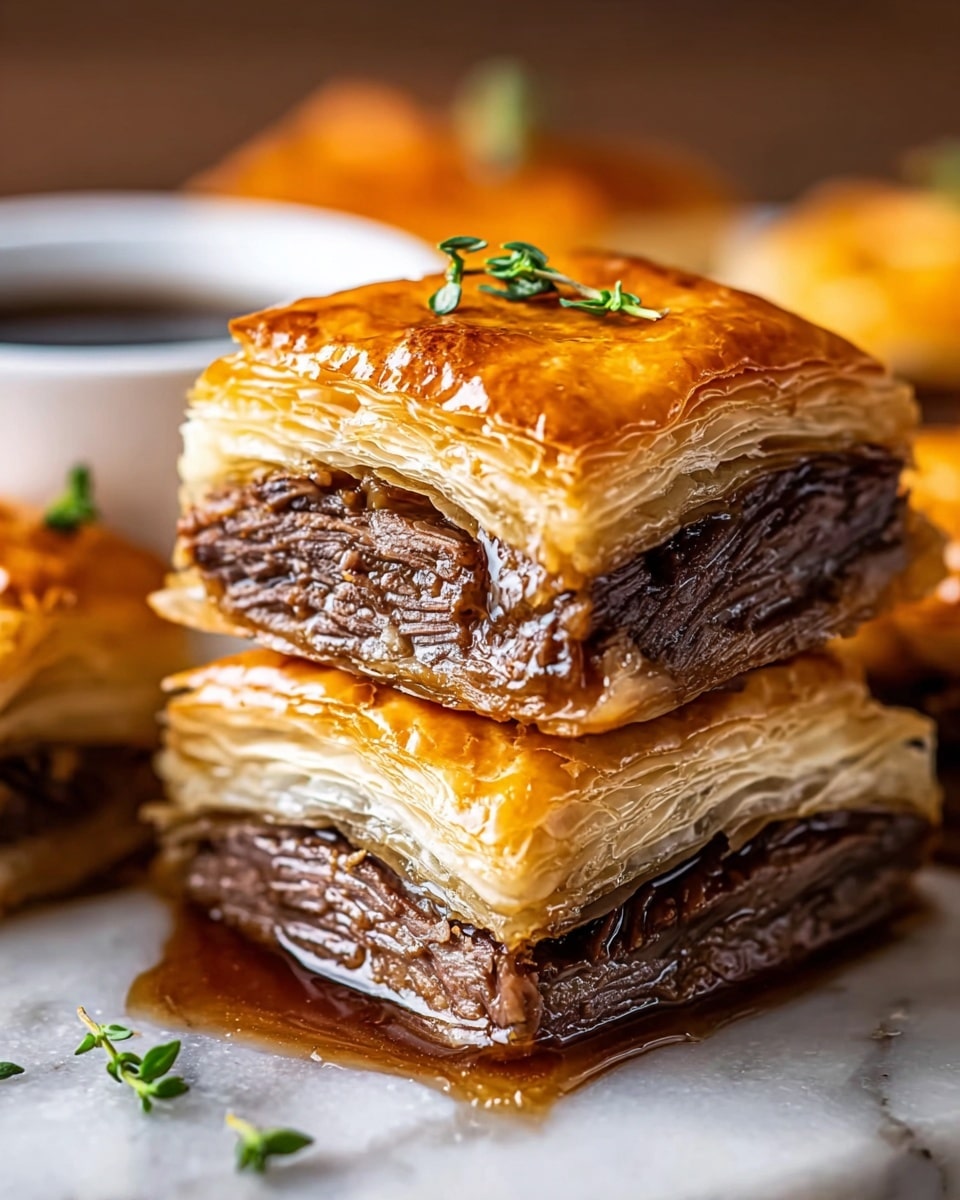 The image shows a stack of three square pieces of beef wellington placed on a white marbled surface. Each piece has three layers: a top golden-brown crispy puff pastry layer, a thick middle layer of tender, dark brown cooked beef with visible texture lines, and a bottom layer mirroring the top puff pastry in golden color and flakiness. Small green herb sprigs rest on top of the uppermost piece, with a shiny glaze giving the pastry a slightly glossy look. A white bowl with dark sauce sits in the background, slightly out of focus. Photo taken with an iphone --ar 4:5 --v 7