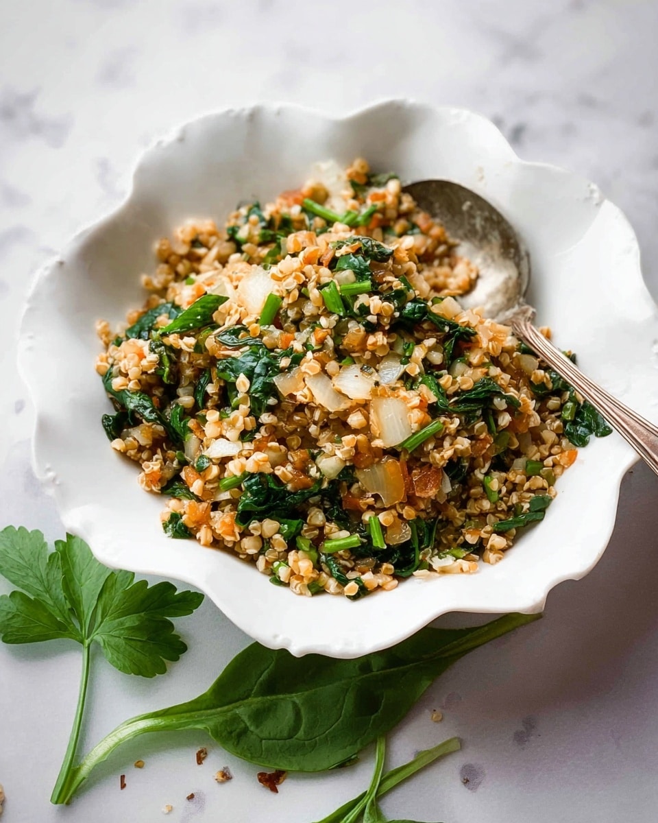 A white scalloped bowl filled with a mixed dish showing three main layers: at the bottom, light brown grains with a cooked, soft texture; scattered throughout are pieces of cooked, light green spinach; on top, small bits of translucent cooked onions are mixed in. A tarnished silver spoon rests inside the bowl on the right side. Around the bowl, a few fresh green spinach and parsley leaves are placed on a white marbled surface. Photo taken with an iphone --ar 4:5 --v 7