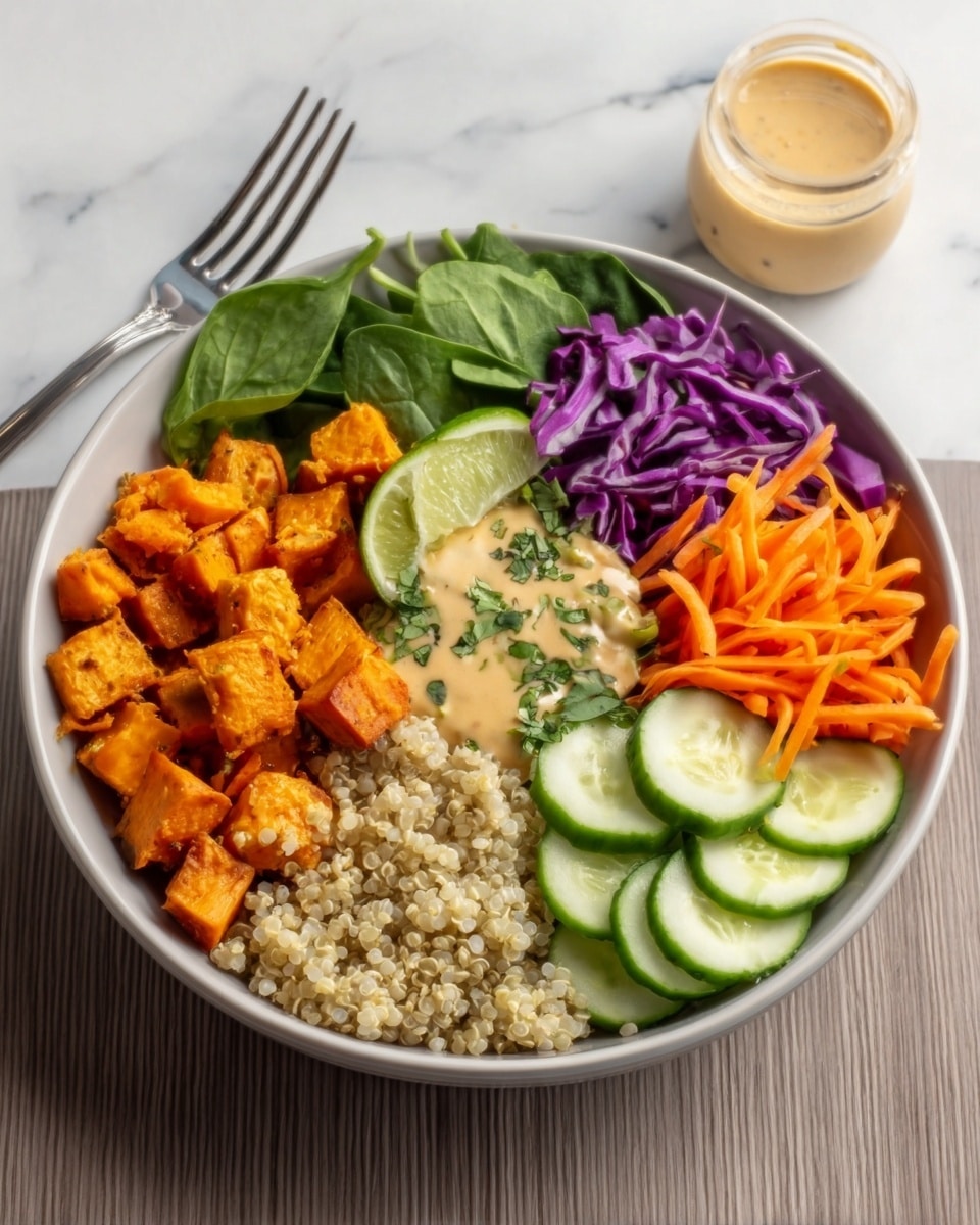 A white bowl on a white marbled surface holds a colorful Buddha bowl arranged in layers. The bottom left section contains bright orange cubed roasted sweet potatoes. To the right of this is a fluffy light beige grain, likely quinoa or rice. Above this lies a light tan creamy sauce with a lime wedge and green herb on top. To the right, thin round green cucumber slices are lined up vertically. Above the sauce, shredded bright orange carrots are placed, and to the far left, fresh green spinach leaves and thin purple cabbage slices finish the circle. A silver fork rests to the left of the bowl. Photo taken with an iphone --ar 4:5 --v 7