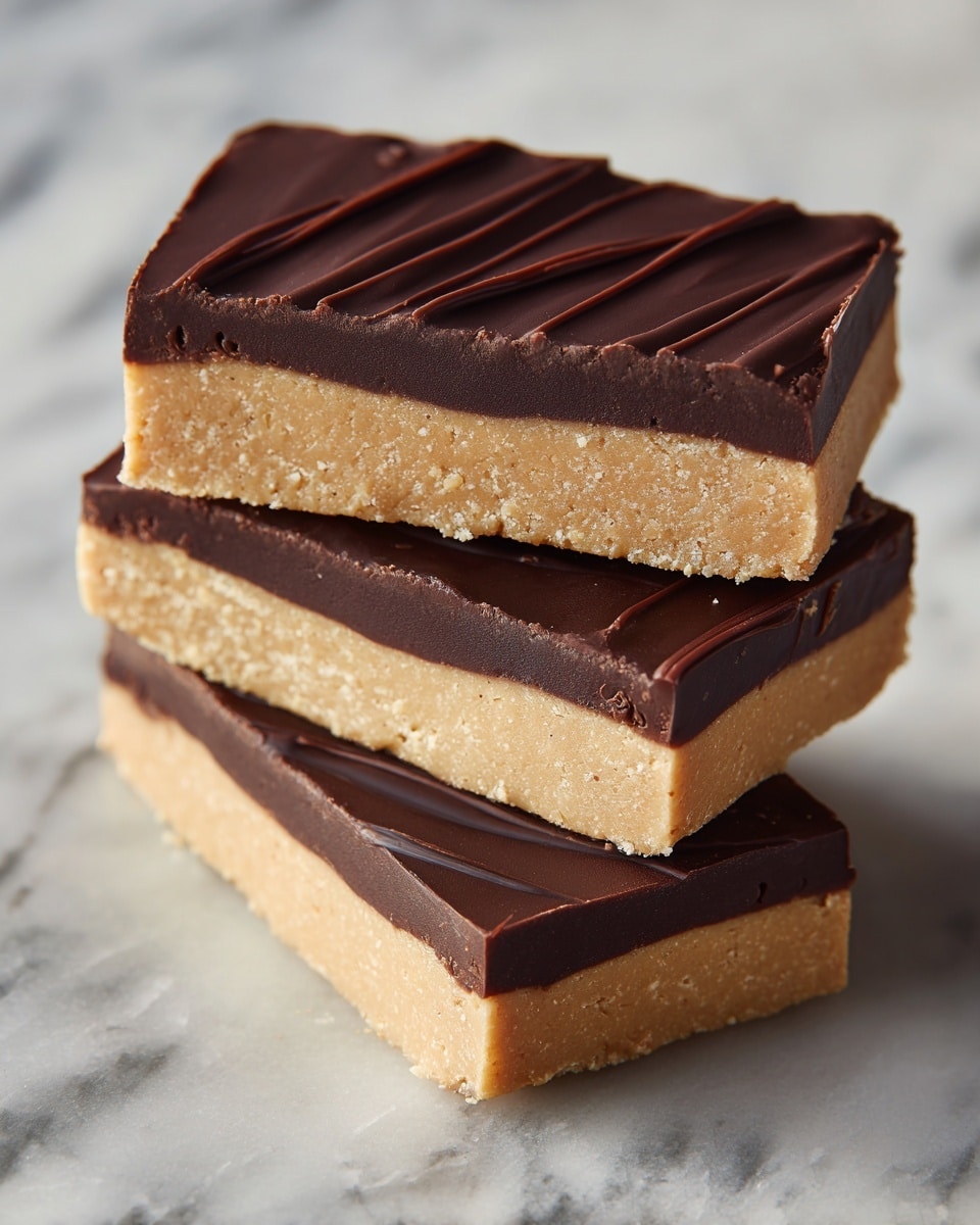 The image shows three thick bars stacked on top of each other, each with two clear layers: the bottom layer is a creamy beige, slightly grainy peanut butter base with a dense texture, and the top layer is a smooth, glossy dark chocolate coating with slight wavy lines. The bars have sharp edges and a clean rectangular shape, resting on a surface with a white marbled texture. The focus is close-up, emphasizing the contrast and texture between the peanut butter and chocolate layers. Photo taken with an iphone --ar 4:5 --v 7