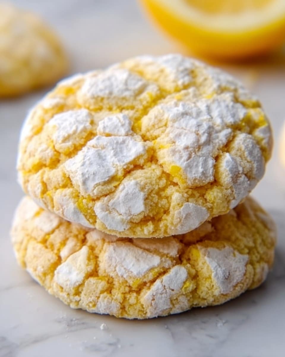 The image shows two round lemon crinkle cookies stacked on a white marbled surface. The cookies have a cracked texture with a golden yellow base color and a powdery white sugar coating that fills the cracks and tops the surface. The cookies look soft and slightly thick with a rough, uneven edge. A blurred lemon slice is visible in the background, adding a bright yellow touch to the scene. photo taken with an iphone --ar 4:5 --v 7