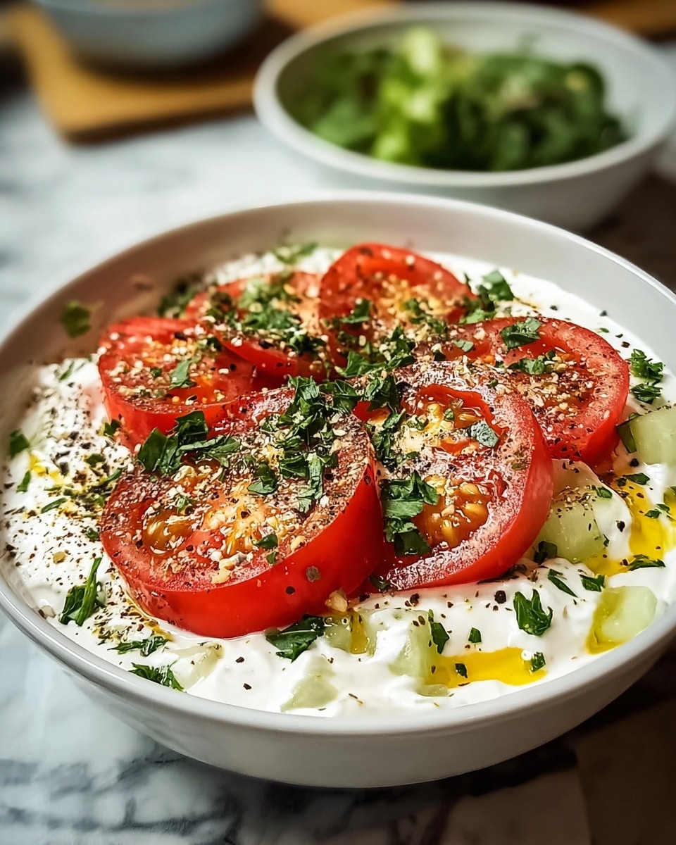 A white bowl filled with creamy white yogurt topped with several thick red tomato slices arranged evenly on top. The tomatoes sit on a bed of diced pale green cucumber pieces mixed within the yogurt. The dish is sprinkled with finely chopped green herbs and cracked black pepper, adding small flecks of dark color. There is a drizzle of golden olive oil visible around the edges of the yogurt. The bowl is placed on a white marbled surface with a blurred background showing another bowl with leafy greens. Photo taken with an iphone --ar 4:5 --v 7