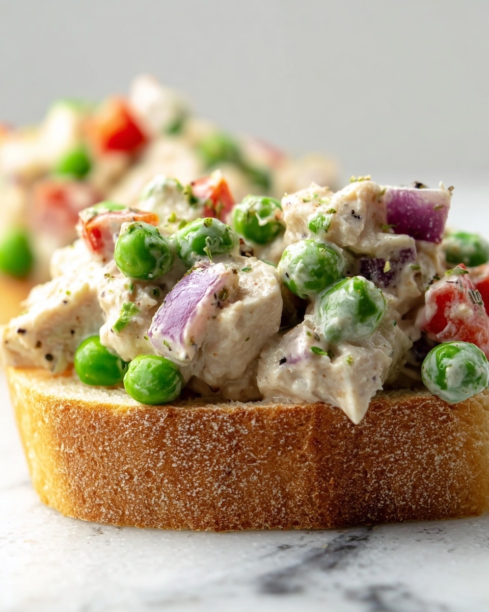 A close-up view of an open sandwich made with a thick slice of crusty bread, light brown and textured on the bottom layer. The top layer is a creamy white chicken salad mixed with bright green peas, small chunks of red bell pepper, and pieces of purple onion, all tossed in a slightly speckled dressing. The colors are fresh and vibrant, and the ingredients look chunky and moist, sitting on a white marbled surface. photo taken with an iphone --ar 4:5 --v 7