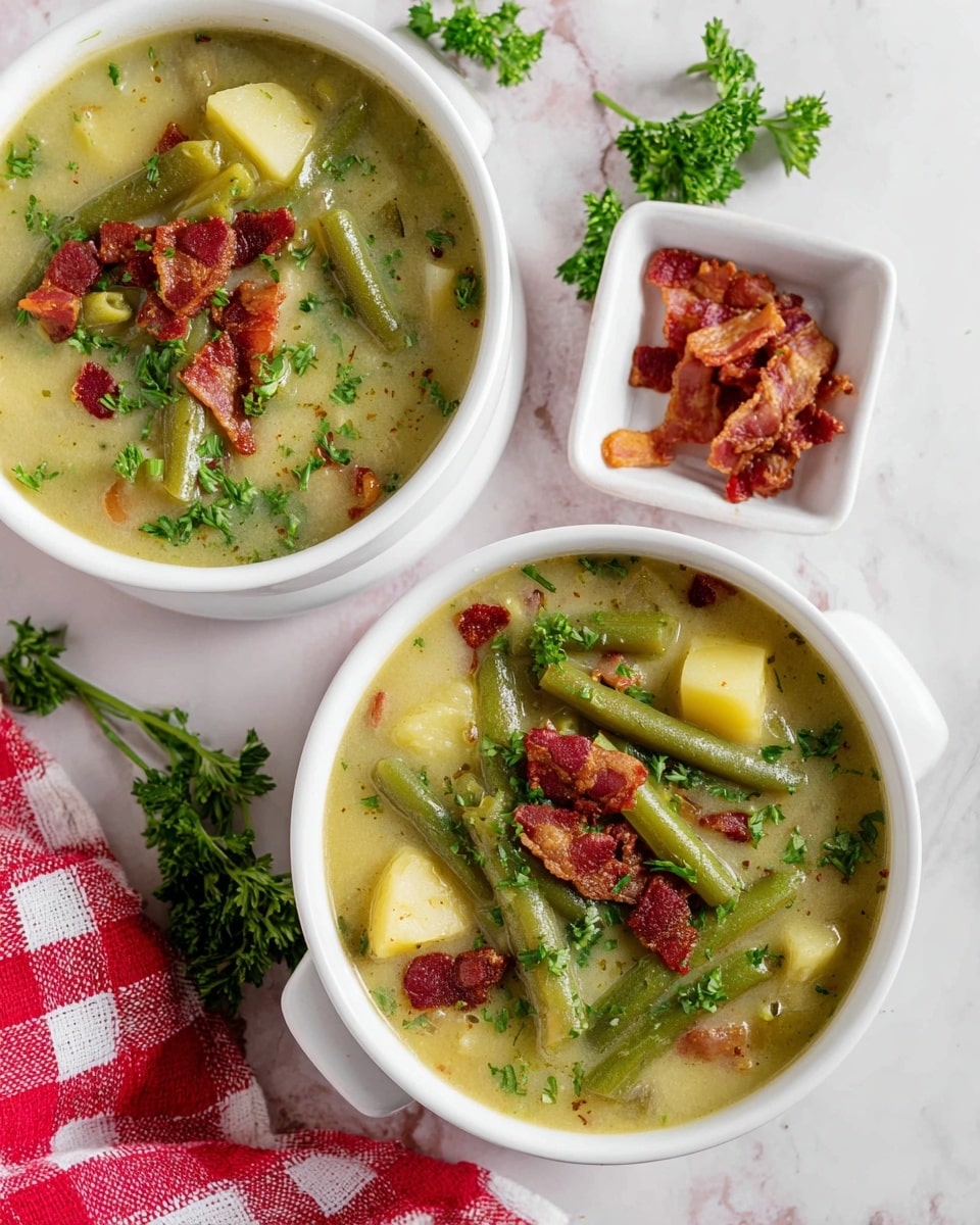 Two white bowls filled with a creamy green bean soup that has three main layers: the light greenish creamy broth at the bottom, green bean pieces and light yellow potato chunks in the middle, and small crispy reddish bacon bits along with fresh green parsley sprinkled on top. Next to the bowls, there is a small white square dish holding more crispy bacon pieces and some fresh parsley stems on a white marbled surface. A red and white checkered cloth is partially visible near the bottom corner. Photo taken with an iphone --ar 4:5 --v 7