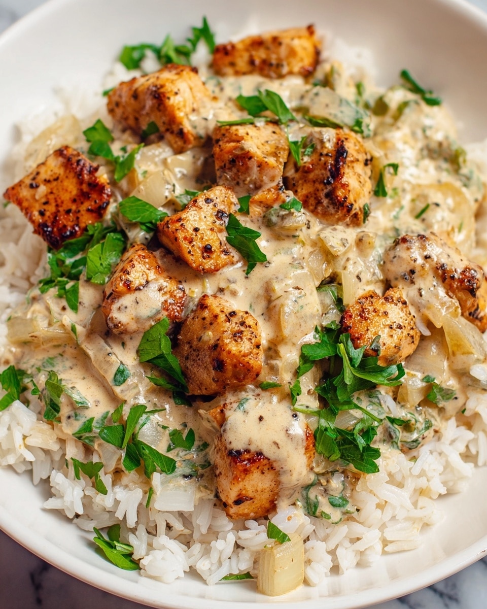 A white plate filled with a base layer of cooked white rice that looks soft and fluffy, topped with chunks of golden brown grilled chicken that have a slightly crispy texture with black pepper specks. Over the chicken, there is a creamy sauce mixed with small pieces of sautéed onions and green herbs, giving the sauce a light beige color with green flecks. Fresh bright green chopped herbs are sprinkled on top, adding a fresh and vibrant touch to the dish. The whole meal sits on a white marbled textured surface. Photo taken with an iphone --ar 4:5 --v 7