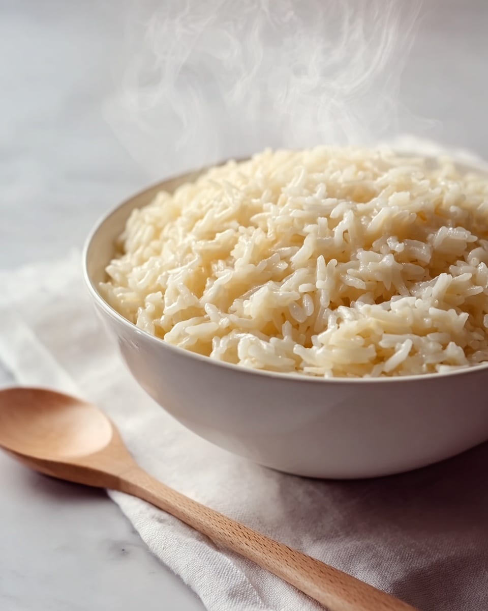 A close-up view of a white bowl filled with creamy, cooked rice showing a shiny and smooth texture, with steam gently rising from the top. The grains are soft and slightly clumped, giving a rich and cozy feeling. The bowl sits on a white cloth next to a light wooden spoon, all placed on a white marbled textured surface. The warm steam adds a fresh, just-cooked look to the dish. photo taken with an iphone --ar 4:5 --v 7