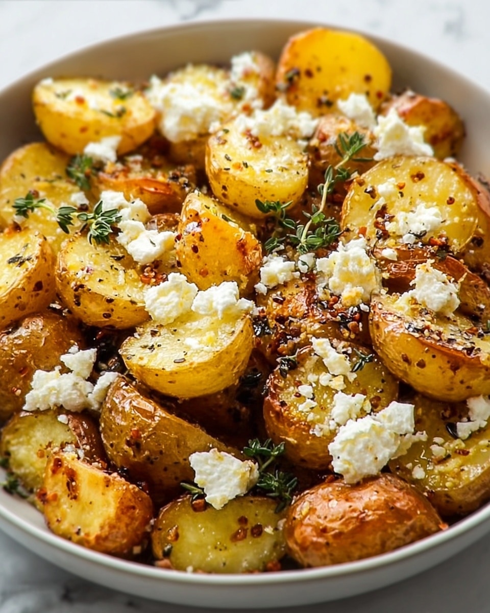 The dish shows a white bowl filled with crispy roasted baby potatoes cut in halves, showing golden brown edges and soft yellow insides. Scattered on top are small dollops and chunks of white, crumbly feta cheese. Fresh green thyme leaves are sprinkled across the potatoes, adding a pop of color. The potatoes have a textured look with specks of black pepper and tiny bits of browned herbs, giving a rustic and hearty feel. The bowl is set on a white marbled surface, enhancing the warm, earthy tones of the food. photo taken with an iphone --ar 4:5 --v 7