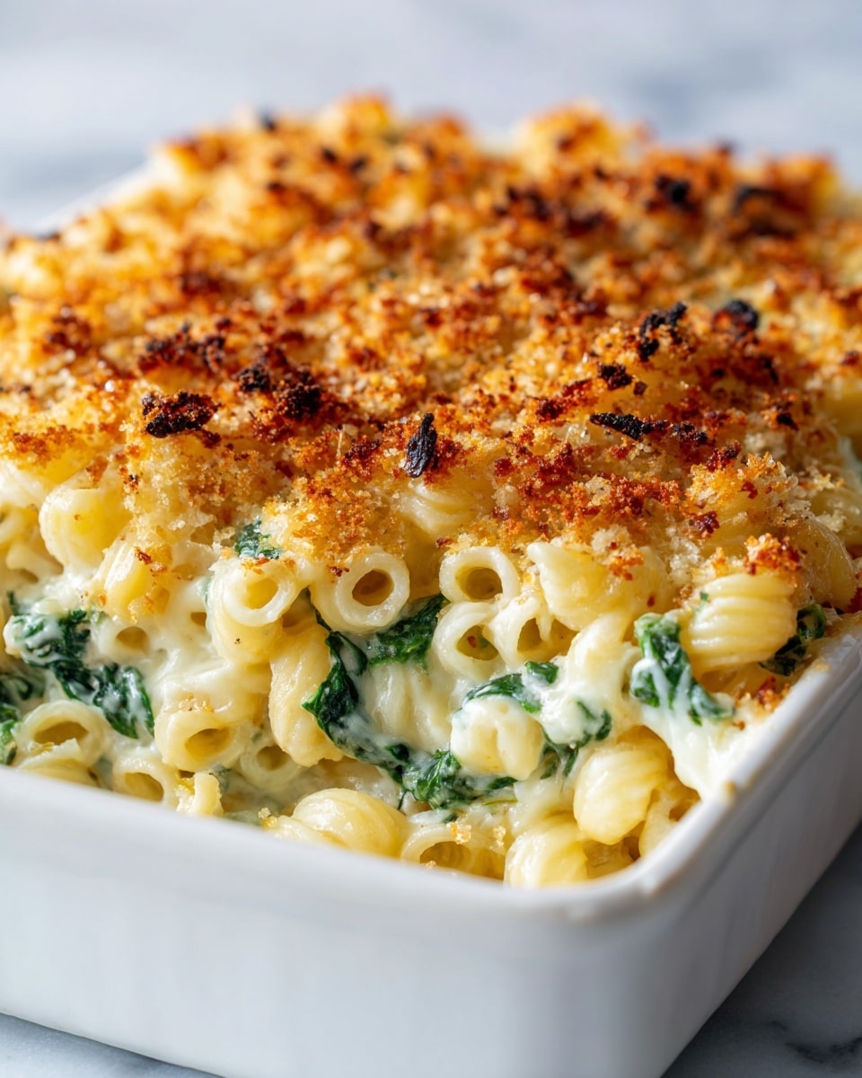 A close-up of a baked dish in a white baking dish showing three layers: the bottom layer is creamy cooked macaroni pasta mixed with green spinach leaves, the middle layer is a thick white cheese sauce covering the pasta, and the top layer is a golden brown toasted breadcrumb topping with some darker brown spots indicating crispiness. The pasta is curly and pale yellow, while the breadcrumbs give an uneven textured surface on top. The dish rests on a white marbled surface. Photo taken with an iphone --ar 4:5 --v 7