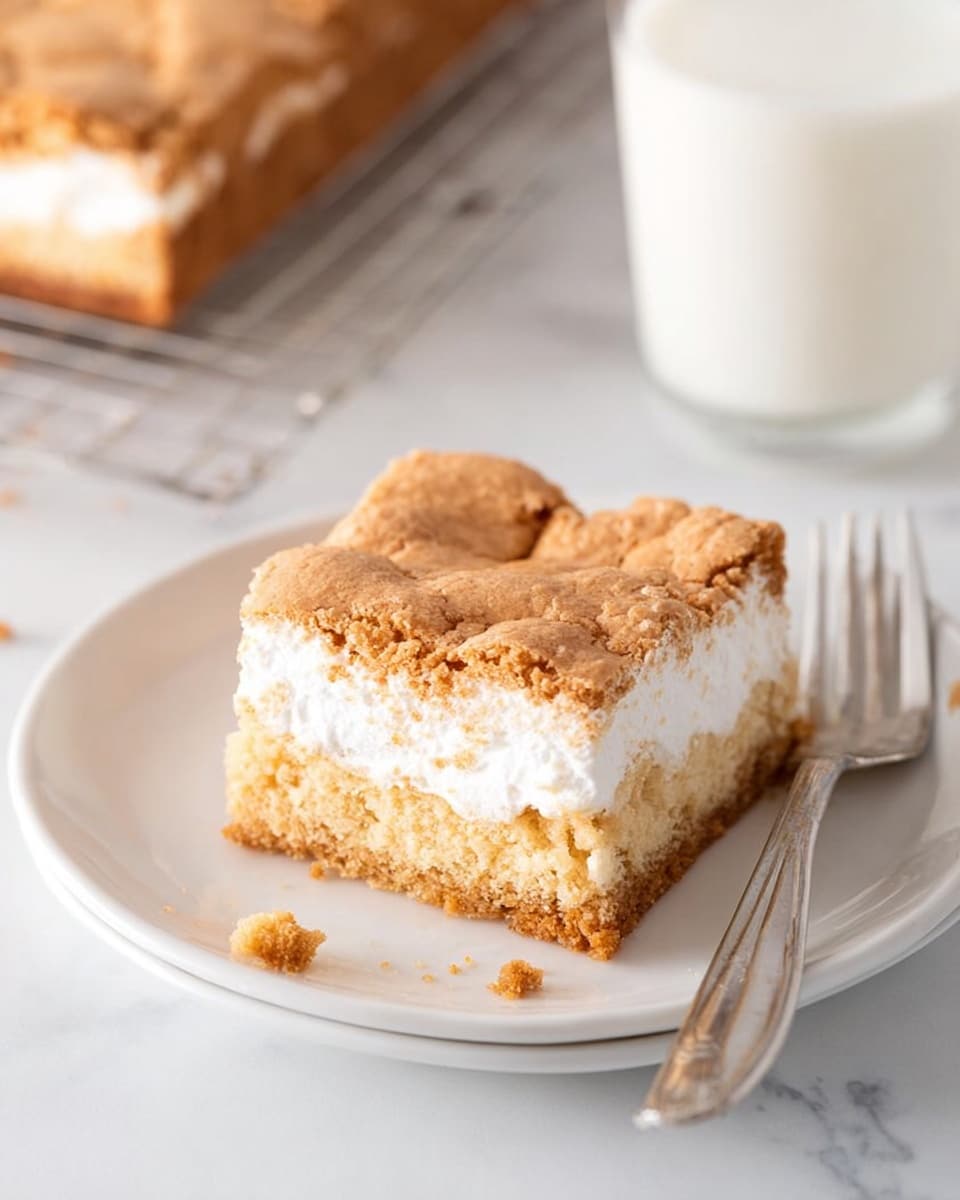 A square piece of dessert sits on a white plate with a soft white marshmallow layer in the middle and a light golden brown crust on the top and bottom. The crust looks crumbly and slightly cracked on top with some irregular patches of white from the marshmallow showing through. The bottom layer is thick and dense, while the marshmallow layer in the middle is fluffy and slightly puffed. Some small crumbs are scattered around the dessert on the plate. A silver fork rests near the edge of the plate, and in the background, there is a clear glass of milk and part of a cooling rack holding more of the dessert. The setting is on a white marbled surface. photo taken with an iphone --ar 4:5 --v 7