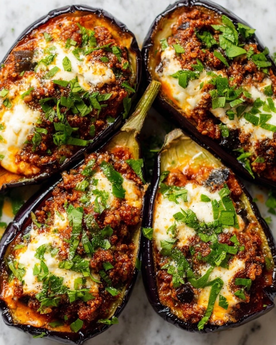 The image shows four eggplant halves filled with layers of cooked ground meat, rich red sauce, and melted white cheese, all topped with chopped green herbs. Each eggplant half has a shiny, deep purple outer skin and a soft, golden-brown filling with a slightly crispy texture on top. The bright green herbs add freshness and color contrast, scattered evenly over the filling. The dish is placed on a white marbled surface. photo taken with an iphone --ar 4:5 --v 7