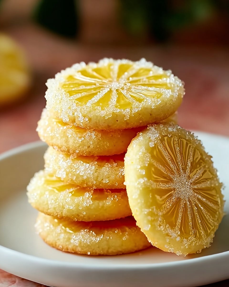 A white plate holds a small stack of four round lemon cookies, each cookie showing detailed lemon slice patterns on top with a glossy yellow look. The edges of the cookies are coated with coarse sugar crystals that sparkle like tiny ice crystals. The cookies have a soft, cake-like texture with a subtle golden-brown color on the sides. The background is softly blurred, resting on a white marbled surface with warm tones. Photo taken with an iphone --ar 4:5 --v 7