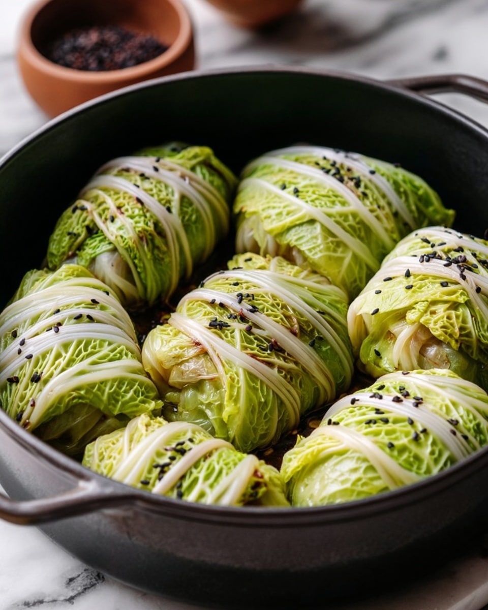 The image shows a black pot filled with eight stuffed cabbage rolls arranged closely together. Each cabbage roll is wrapped with green cabbage leaves that have a visible veiny texture, with some parts slightly browned from cooking. Thin, white strips of a vegetable, likely onion, are wrapped around each roll, and there are scattered black sesame seeds on top. The pot rests on a white marbled surface, with a blurred background that includes a brown bowl holding dark seeds or spices. Photo taken with an iphone --ar 4:5 --v 7