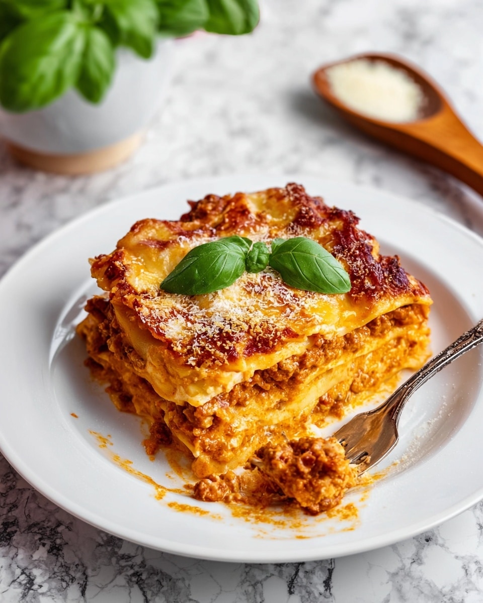 A square piece of lasagna on a white plate with three visible layers of pasta separated by thick layers of rich, orange-brown meat sauce and creamy cheese. The top is golden brown and bubbly with melted cheese, sprinkled with some grated cheese, and garnished with three bright green basil leaves in the center. A fork holds a bite of the lasagna showing gooey cheese and meat sauce. The plate sits on a white marbled surface with a small bowl of green basil leaves and a wooden spoon with a white scoop in the background. Photo taken with an iphone --ar 4:5 --v 7