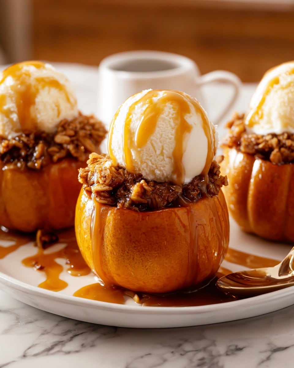 A small round pumpkin is hollowed out and filled with a dark brown nut and oat mixture that looks crunchy and textured; on top sits a large scoop of creamy white ice cream, which is covered with thick golden caramel sauce that drips down the sides of the pumpkin. Another similar pumpkin dessert is partially visible in the background, all placed on a white plate over a white marbled surface. photo taken with an iphone --ar 4:5 --v 7