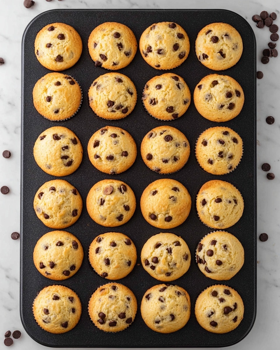 A black muffin tray filled with 24 freshly baked mini chocolate chip muffins arranged in a 6x4 grid, each muffin having a light golden yellow color with a slightly domed top, dotted generously with small dark brown chocolate chips. The muffins have a soft texture with some chips slightly melted into the batter, and one muffin near the top right has a small bite taken out, showing a moist inside. The tray is placed on a white marbled surface with a few scattered chocolate chips around it. photo taken with an iphone --ar 4:5 --v 7