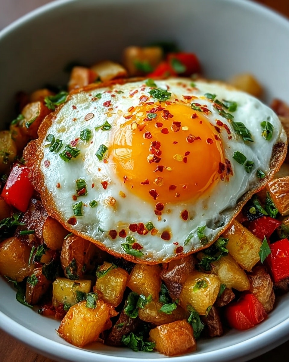 A white bowl holds a colorful dish with two main layers. The bottom layer is a mix of small, diced roasted vegetables including golden brown potatoes, red bell peppers, and other browned vegetables, all mixed with green herb bits. On top is a sunny-side-up fried egg with a bright orange yolk, slightly glossy and sprinkled with red pepper flakes and green herbs. The edges of the egg white are slightly crispy and golden, contrasting nicely with the pillowy yolk and the textured vegetable mix. Photo taken with an iphone --ar 4:5 --v 7