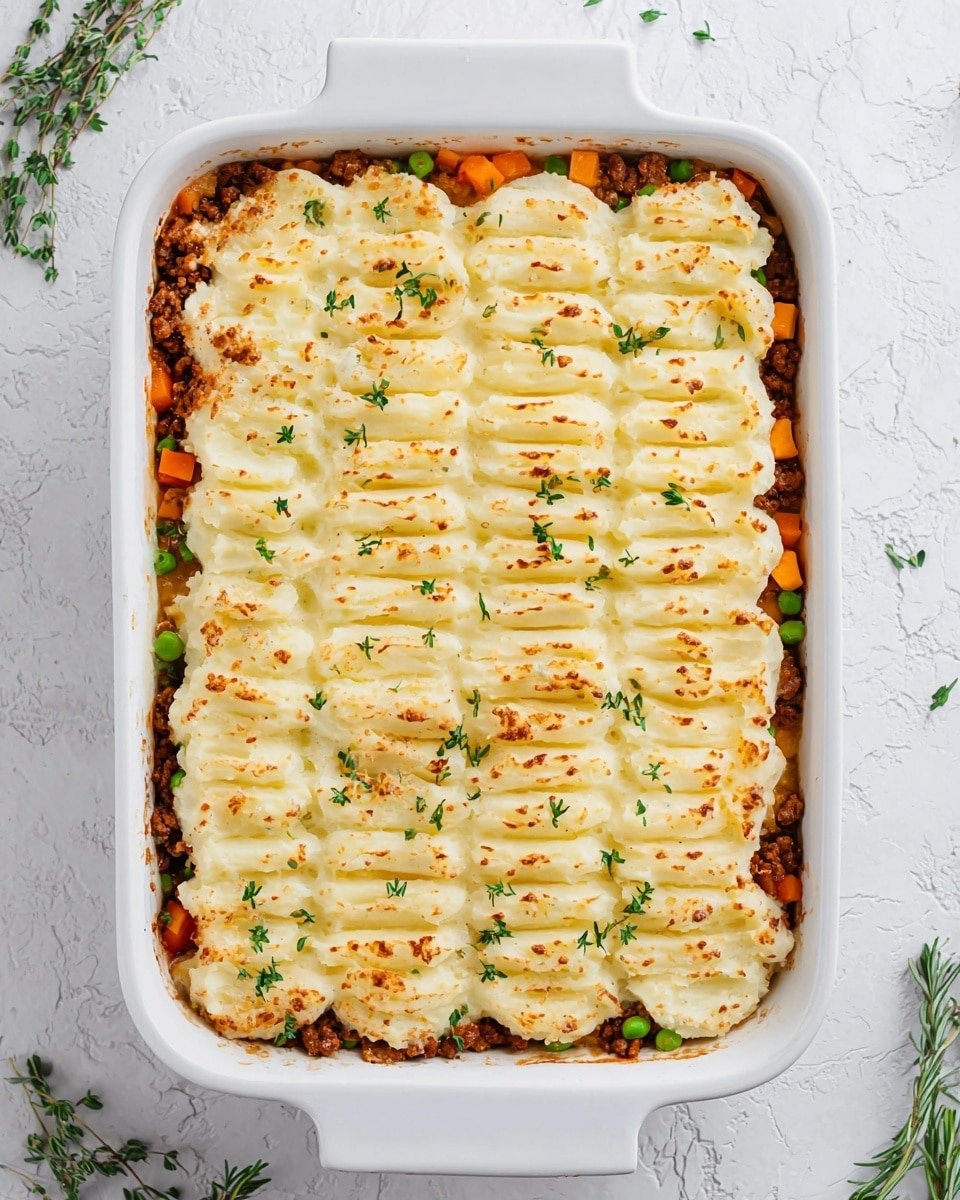 A white rectangular baking dish filled with a layered shepherd's pie. The bottom layer shows a mix of browned ground meat and colorful diced vegetables like orange carrots and green peas, partially visible at the edges. On top is a thick, creamy layer of mashed potatoes piped in six thick ridges running lengthwise, browned and lightly toasted with golden spots, and sprinkled with small green herb leaves for garnish. The baking dish sits on a white marbled textured surface with a few green herb sprigs near the bottom corner. Photo taken with an iphone --ar 4:5 --v 7