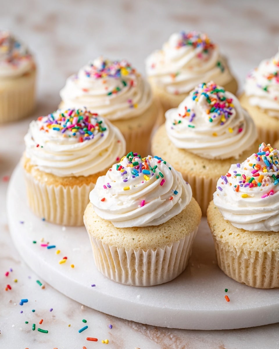 The image shows a group of vanilla cupcakes arranged on a large, round white plate with a smooth texture, placed on a white marbled surface. Each cupcake has one thick, creamy layer of white frosting swirled on top, sprinkled with colorful round and rod-shaped sprinkles in red, blue, green, yellow, purple, and pink. The cupcakes have pale yellow cake bases with white paper liners. Some sprinkles are scattered around the plate on the marbled surface. The lighting is soft and natural, enhancing the smooth texture of the frosting and the soft crumb of the cake. photo taken with an iphone --ar 4:5 --v 7