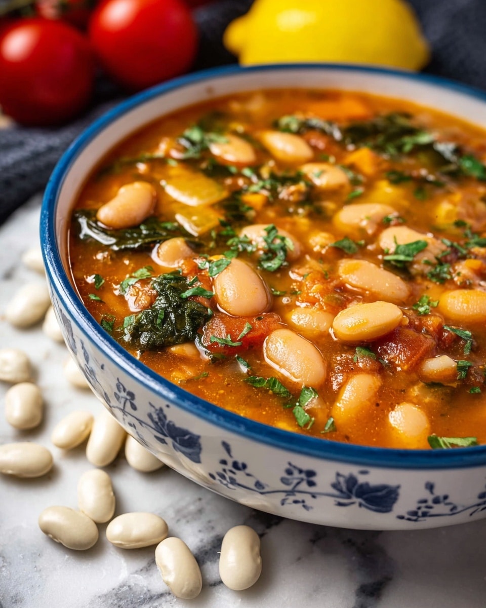 A close-up view of a bowl filled with a thick stew containing multiple layers of ingredients; the top layer shows large brown beans mixed with white beans, green leafy herbs, and small bits of orange vegetables immersed in a rich orange-brown broth. The bowl is white with a blue rim and a delicate blue floral pattern on the side. Around the bowl, white beans are scattered on a white marbled surface, with a lemon and red tomatoes blurred in the background. Photo taken with an iphone --ar 4:5 --v 7