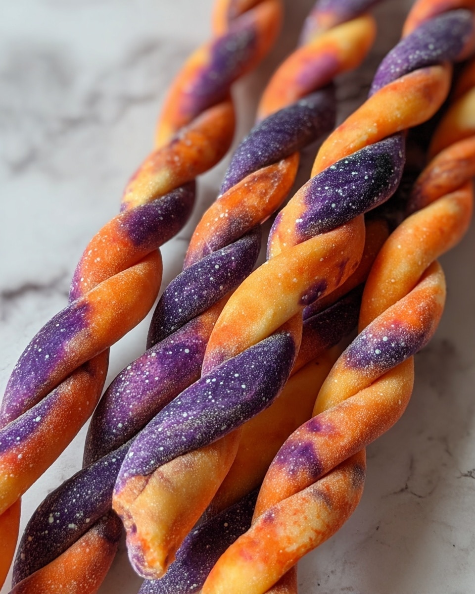 The image shows close-up twisted sticks with two colors mixed together: bright orange and deep purple. Each stick has two strands twisted, one predominantly orange and the other purple with speckles of white, making a textured, slightly powdery look. The colors mix unevenly along the length, creating a marbled effect. The sticks are placed closely together on a white marbled surface. Photo taken with an iphone --ar 4:5 --v 7