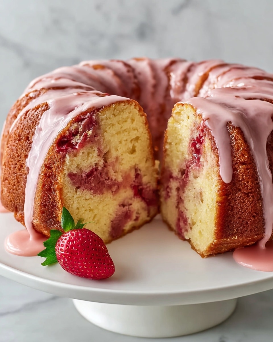 A Bundt cake with one thick slice cut out shows three main layers: the outside layer is a golden brown crust, the inside cake is pale yellow with swirls of red strawberry throughout, and the top is covered with a glossy, light pink glaze that drips down the sides unevenly. The cake sits on a white cake stand with a smooth surface, and a single fresh strawberry with green leaves rests on the stand near the cut cake, partially covered in a small pool of pink glaze. The background and surface have a white marbled texture. photo taken with an iphone --ar 4:5 --v 7