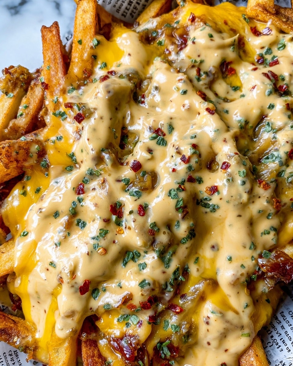 The dish shows a full layer of golden-brown French fries as the base, topped with melted bright yellow cheese that drapes over the fries in a thick layer. On top of the cheese is a creamy beige sauce, thick and smooth with visible specks of herbs and red chili flakes scattered throughout, adding texture and color contrast. The fries underneath are crispy with some slightly darker edges. The photo is close-up and detailed, showcasing the rich textures and the seasoning evenly spread on the sauce. The background is a white marbled texture. photo taken with an iphone --ar 4:5 --v 7