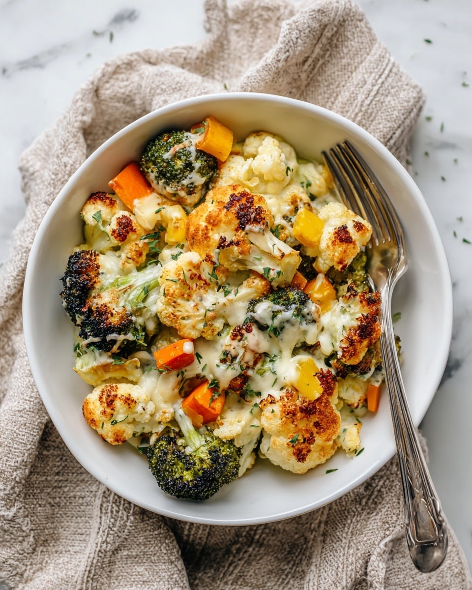 A white bowl filled with a colorful mix of roasted vegetables in creamy cheese sauce, featuring browned, crispy cauliflower and broccoli florets showing golden caramelized spots on top, scattered with small chunks of bright orange carrot and yellow bell pepper. The vegetables sit in a creamy white sauce with melted cheese, sprinkled with finely chopped green herbs. A silver fork rests on the right side of the bowl with a piece of cauliflower on it. The bowl is placed on a textured beige cloth over a white marbled surface. photo taken with an iphone --ar 4:5 --v 7